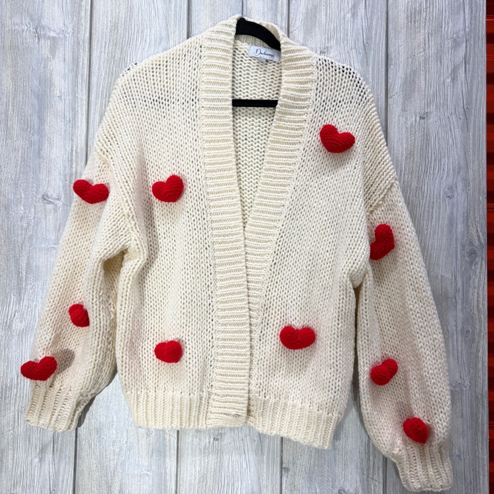 Duchamp Cream Chunky Knit Heart Cardigan Sweater Womens L/XL 3D Crochet Hearts